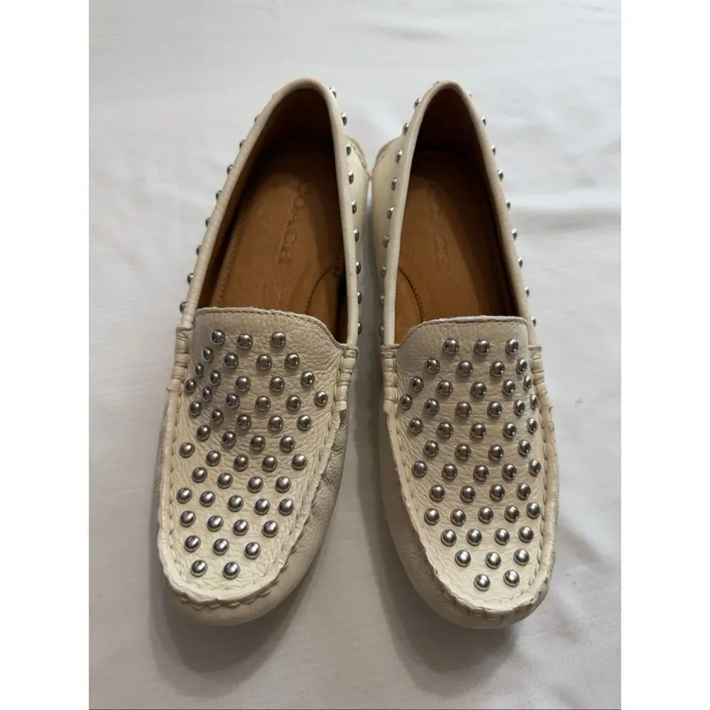 Coach Arlene Studded Pebble Leather Chalk Loafers Size 6.5 6 1/2 B New